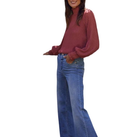 BY TOGETHER Sheer Chiffon Ruffle Mock Neck Long Sleeve Deep Orange Top Size S - Picture 4 of 14